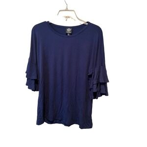 Bobeau Blouse Top Women's L Blue Ruffle Bell Sleeve Crew Neck Pullover Loose Fit